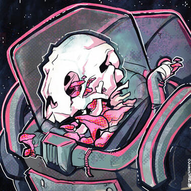 illustration of a skeleton in a space suit, fungus grows within