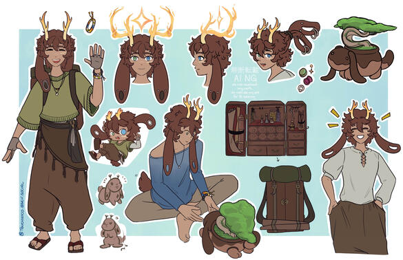 character design sheet of a jackalope humanoid from various angles