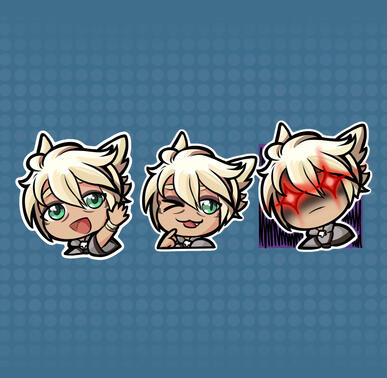 twitch emotes of a miqo'te character: wave, wink, rage
