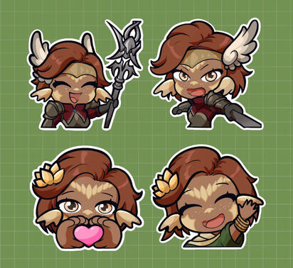 twitch emotes of an au'ra character: cheers, attack, heart, wave